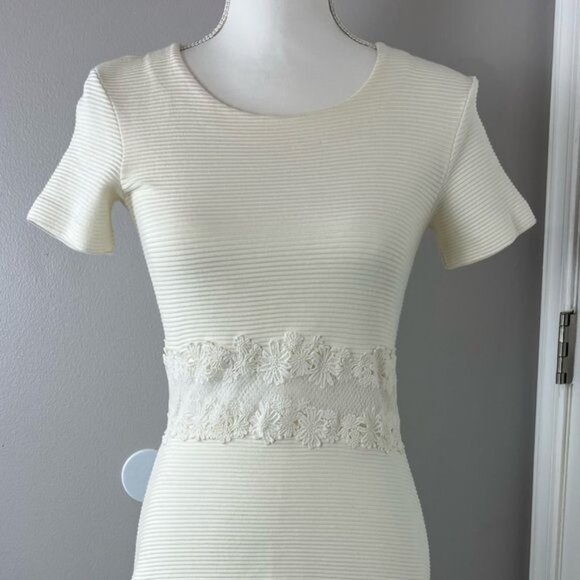 SANDRO Ivory Knit Fit & Flare Dress With Lace Mid Detail Size 1 | US Small - Picture 4 of 11